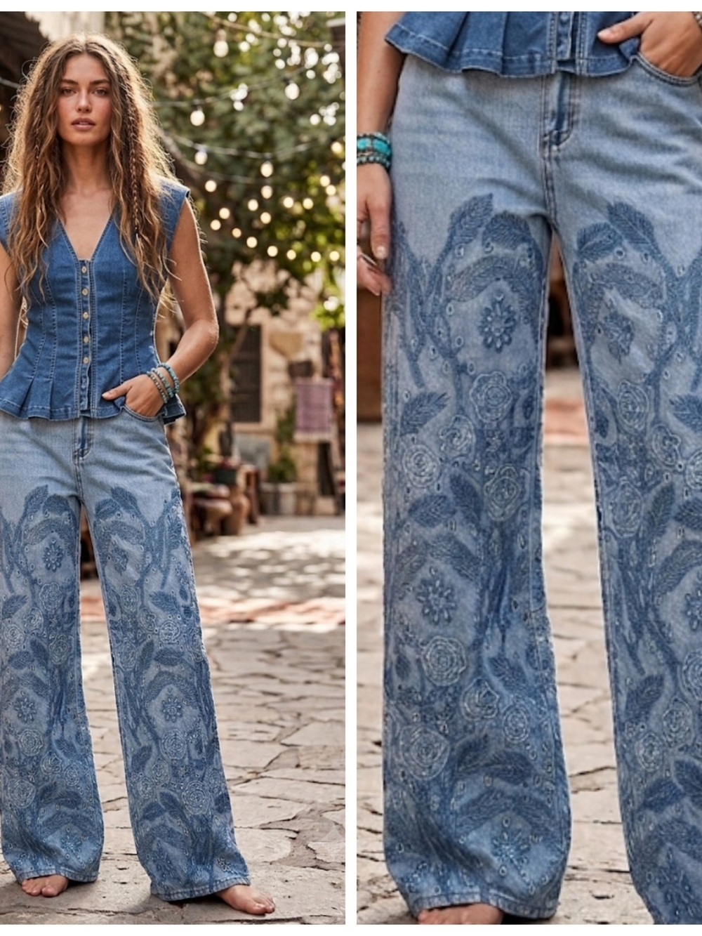 Denim Jeans Lazer Cut  Embroidered Eyelit Floral Jeans - Blue